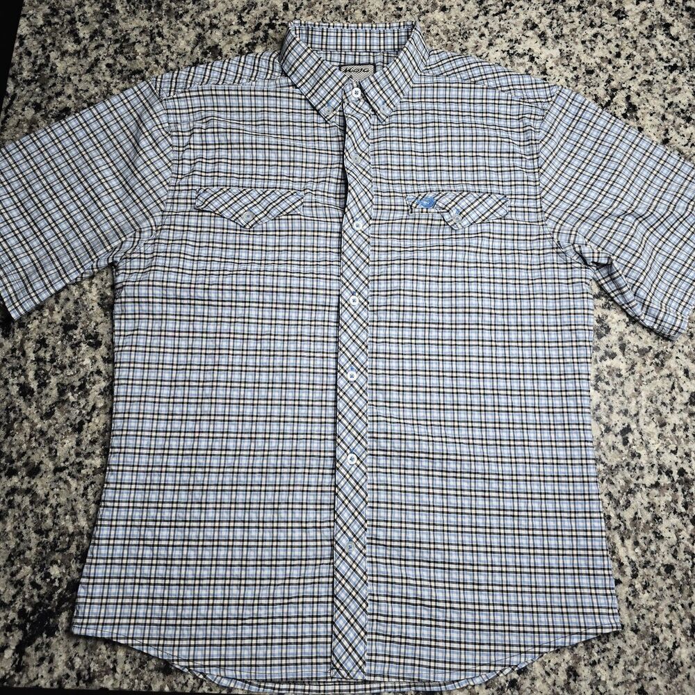 Mojo Fishing Men's Large Blue Plaid Vented Short Sleeve Button Up Shirt
